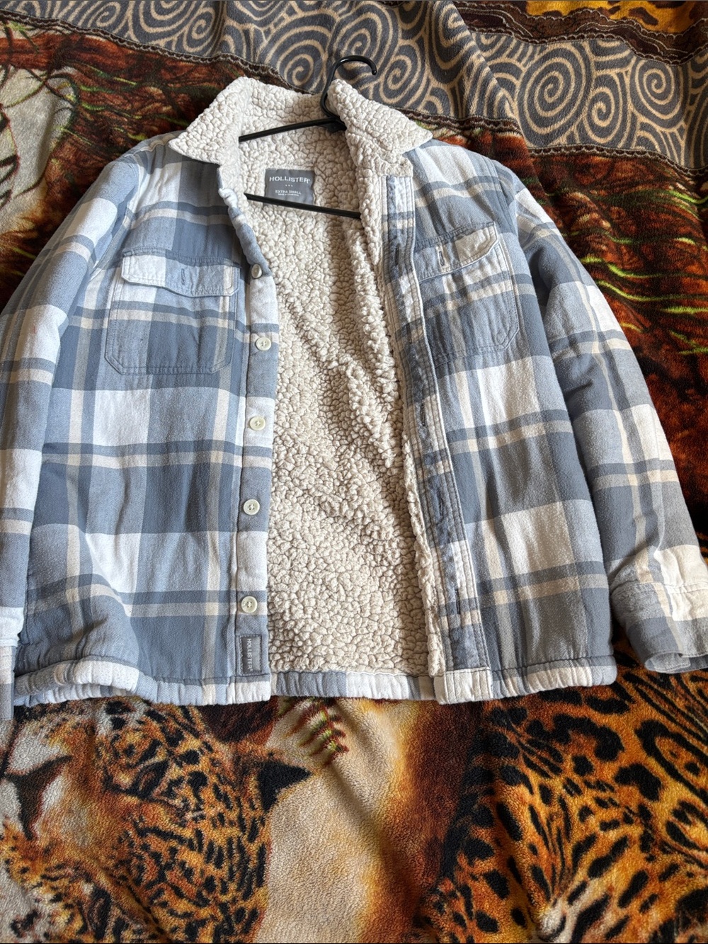 Hollister Light Blue and White Plaid Sherpa-Lined Jacket